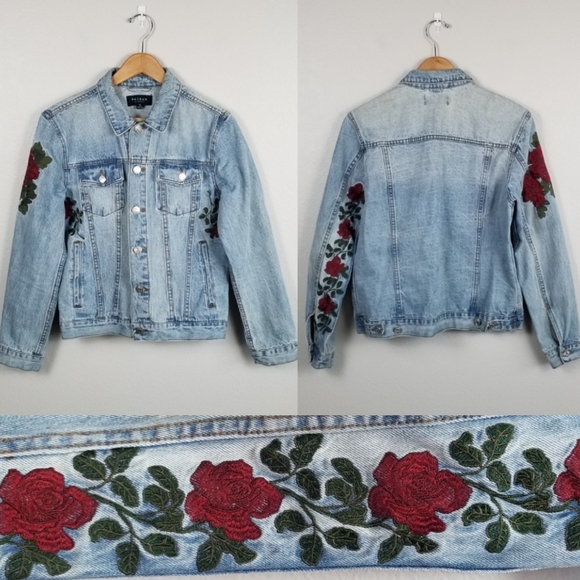 PacSun Light-Wash Crimson Rose Embroidered Blue Denim Trucker Jacket Size Small - Picture 1 of 11